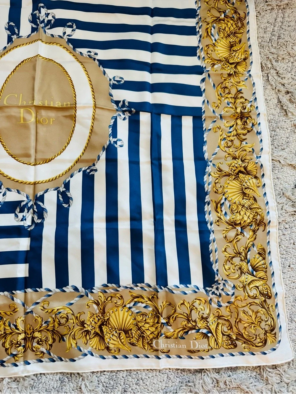 Authentic Dior Blue White and Gold Printed Silk Scarf